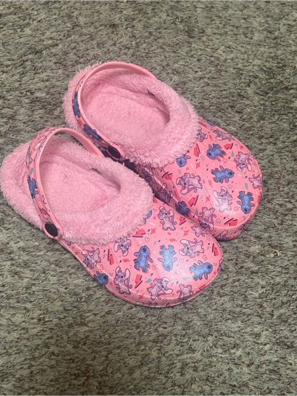 Kids Pink Plush-Lined Slip-On Clogs with Cute Blue Character Print